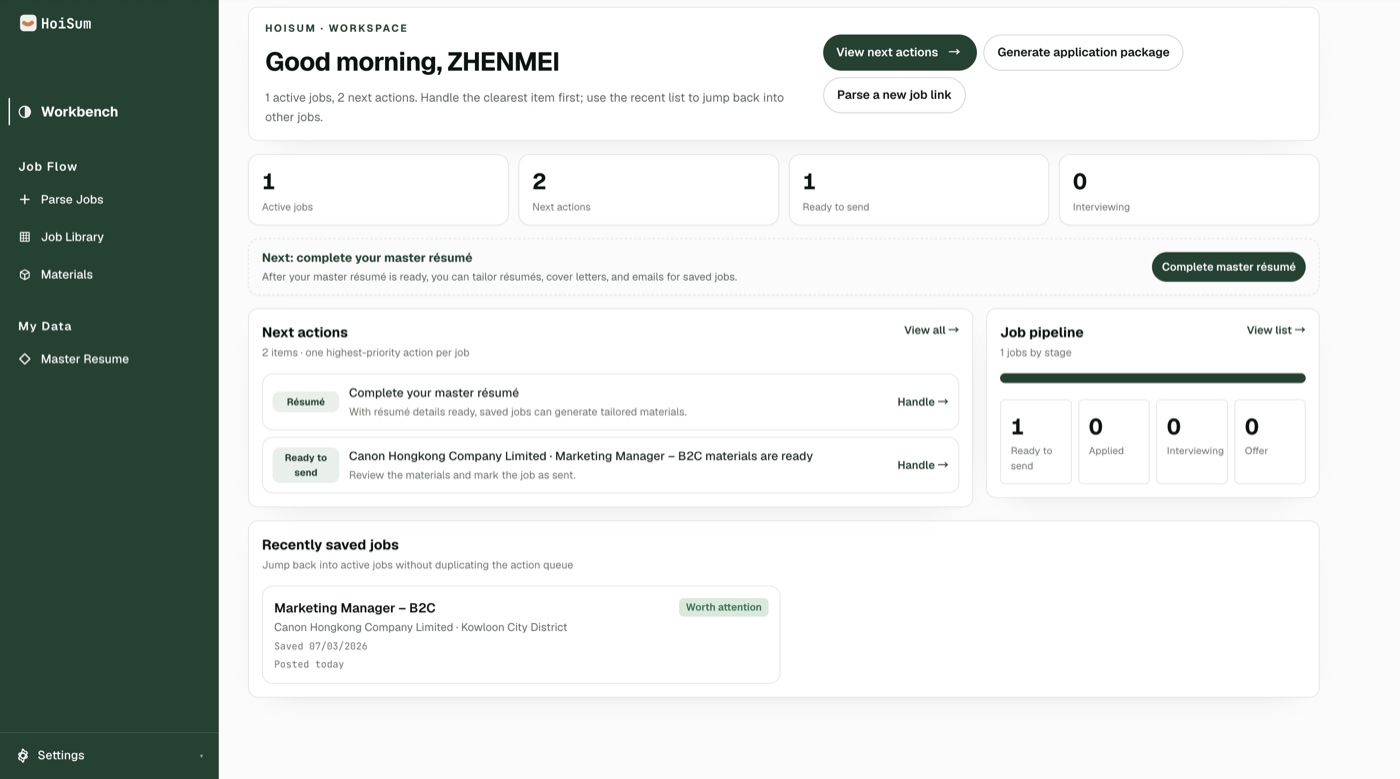 HoiSum dashboard: job cards with status and notes